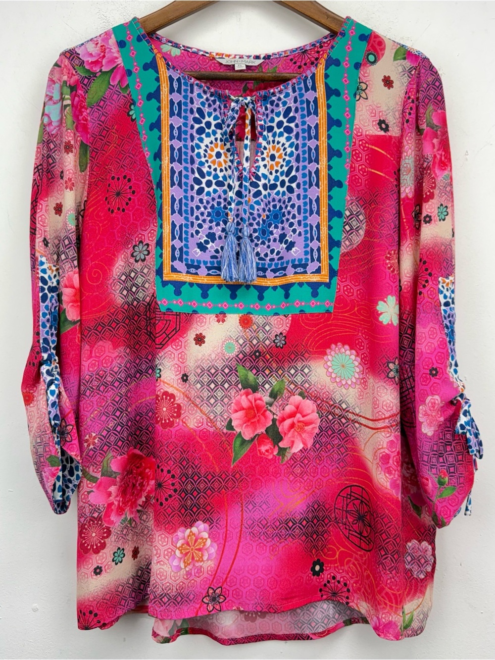 John Mark size Large Petite Women’s Multicolor Floral 3/4 Sleeve Tunic Top NWT
